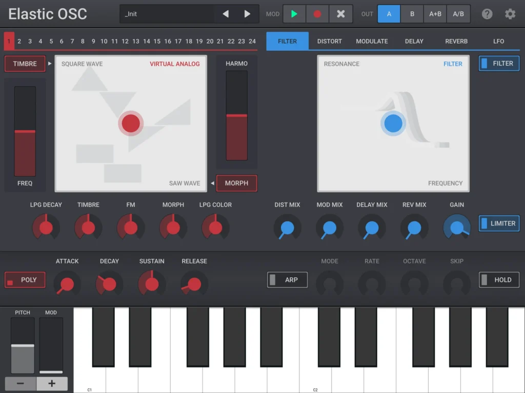 Elastic OSC synthesizer, main screen with oscillator, effects and keyboard