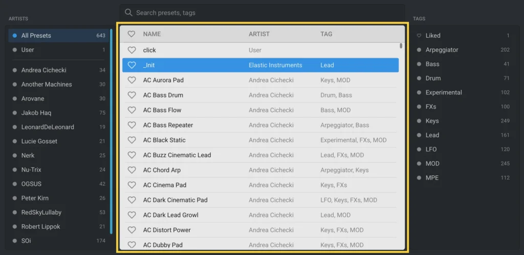 Elastic OSC preset list